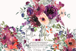 Watercolor Purple Burgundy Flowers Set